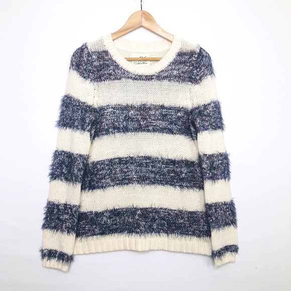 Anthropologie Tabitha cream and navy, striped knit, eyelash sweater - Picture 2 of 12